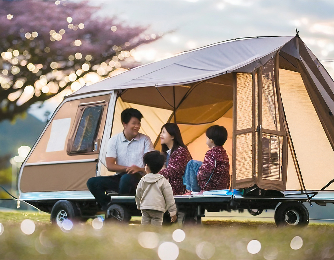 春先にトレーラの上にテントを設置したトレーラーを牽引してキャンプを楽しんでいる家族