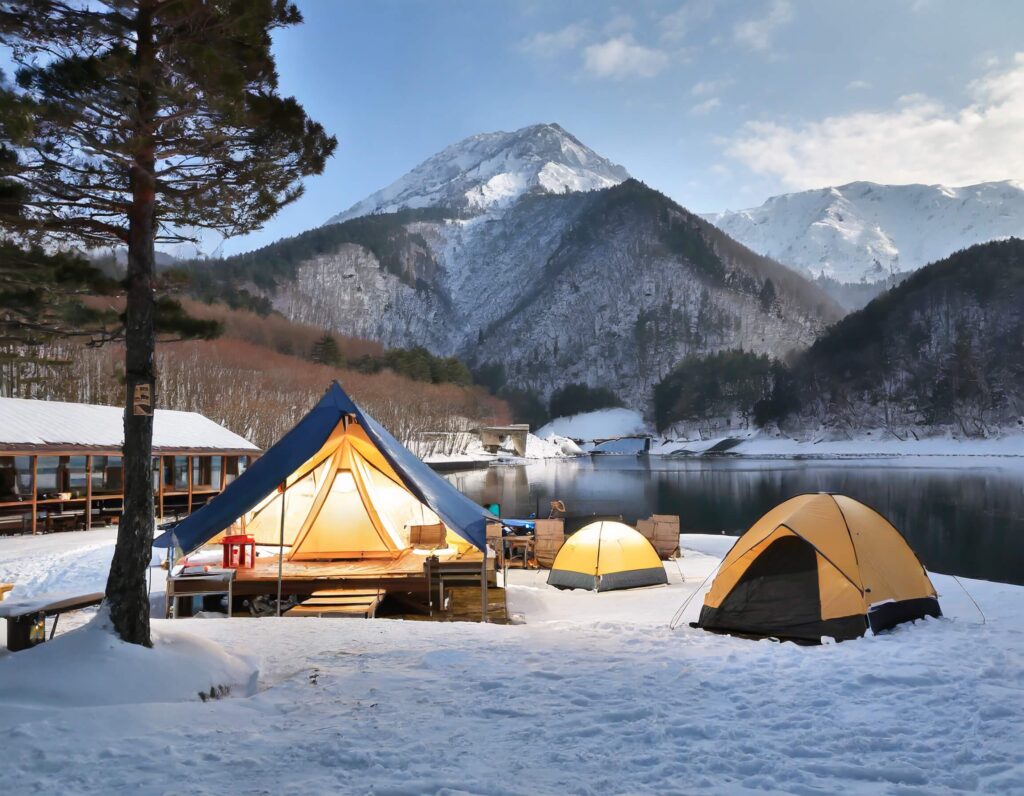 Firefly 冬の日本の混浴施設を背景にキャンプを楽しむ